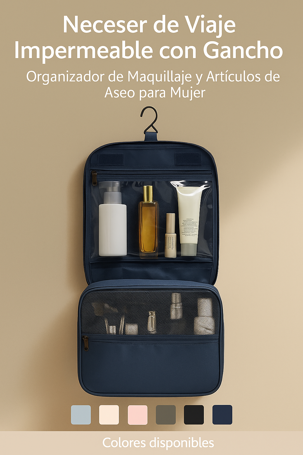 Neceser de Viaje Impermeable con Gancho | Organizador de Maquillaje y Artículos de Aseo