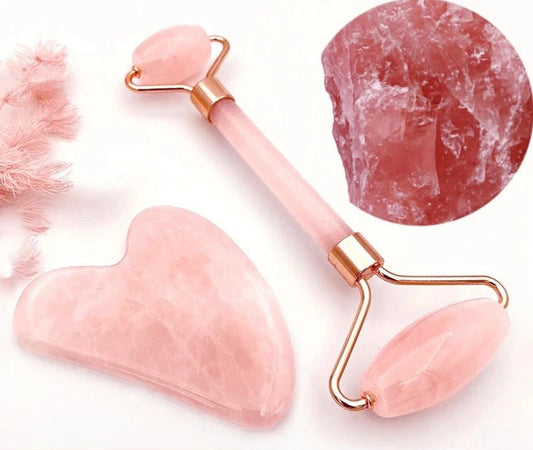 Set de Gua Sha y Rodillo Facial de Cuarzo Rosa Natural