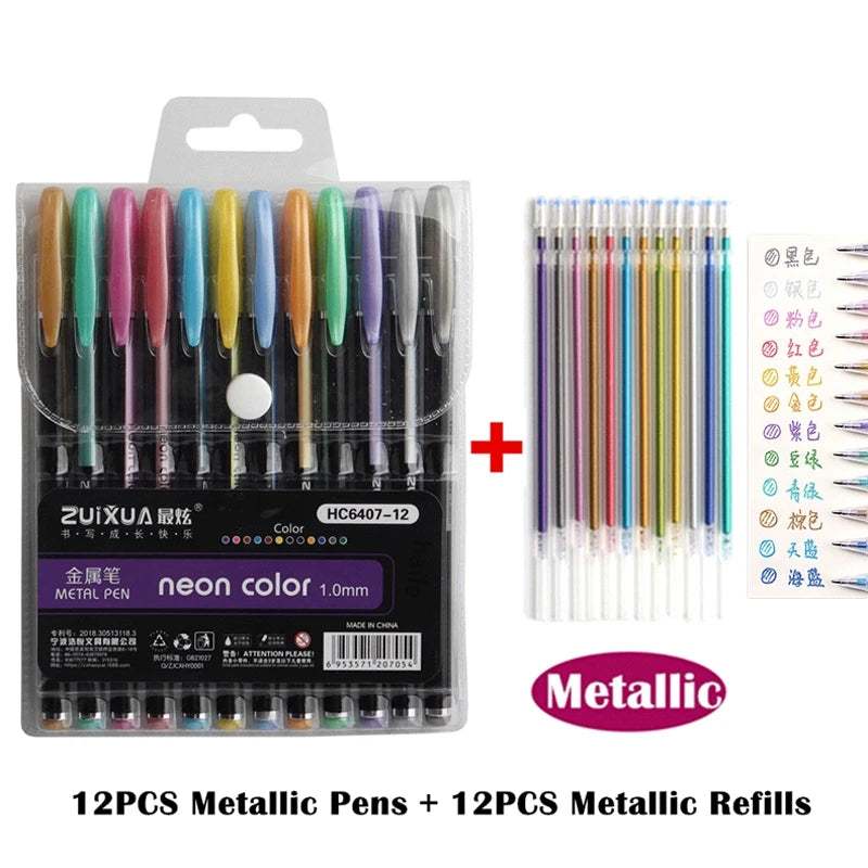 Set de Bolígrafos Gel Metálicos y Brillantes – 12 o 24 Piezas