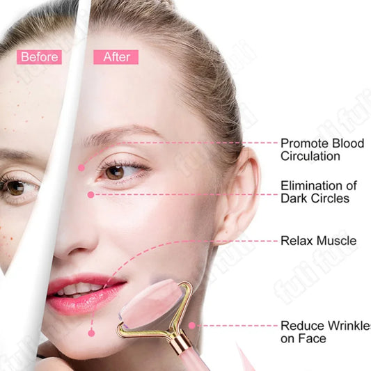 Set de Gua Sha y Rodillo Facial de Cuarzo Rosa Natural